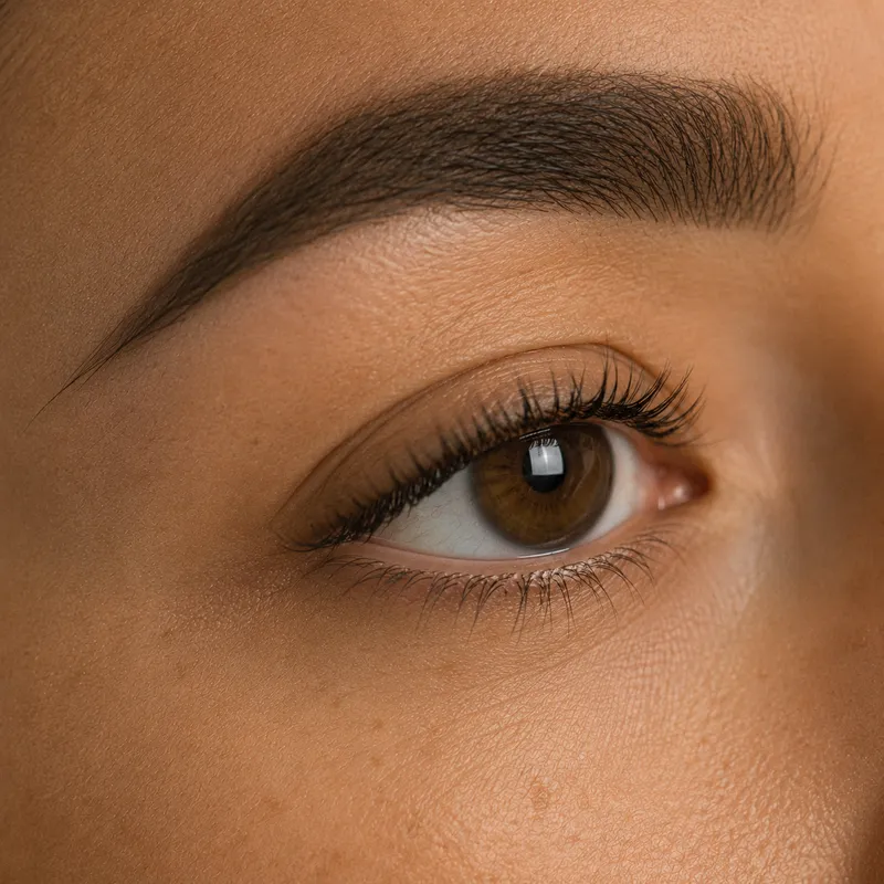 Offenes braunes Auge mit dezenter Classic-Wimpernverlängerung in natürlicher Länge.