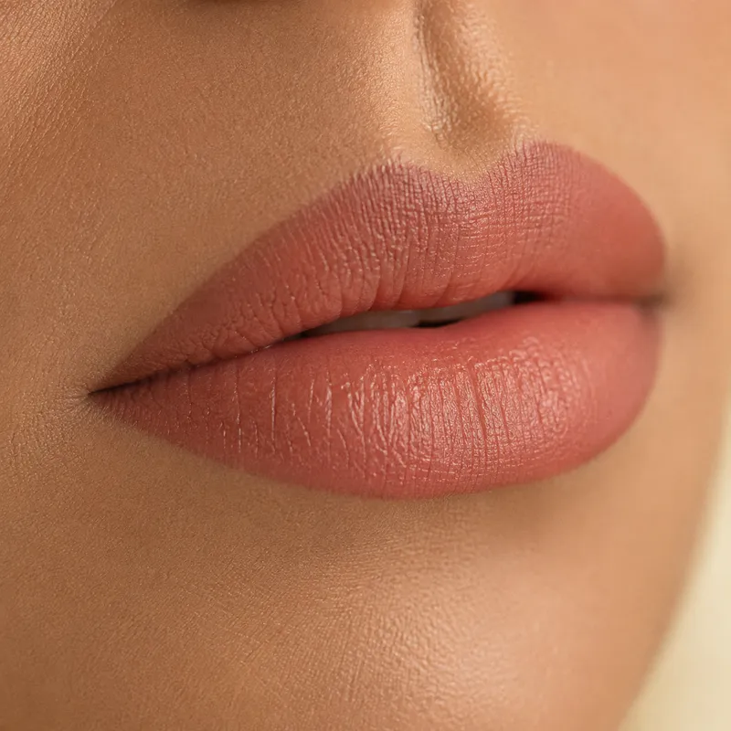 Lippen nach Permanent Make-up in einem weichen Rosé-Nude ohne Glanz.