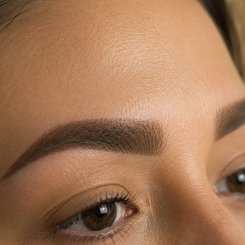 Nahaufnahme einer Augenbraue nach einer Powder-Brows-Behandlung, weicher Farbverlauf und natürlich auslaufende Form.
