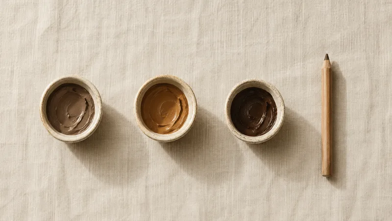 Drei Keramiknäpfchen mit Brauenpigmenten in Taupe, Karamell und Dunkelbraun neben einem Brauenstift auf cremefarbenem Leinen.