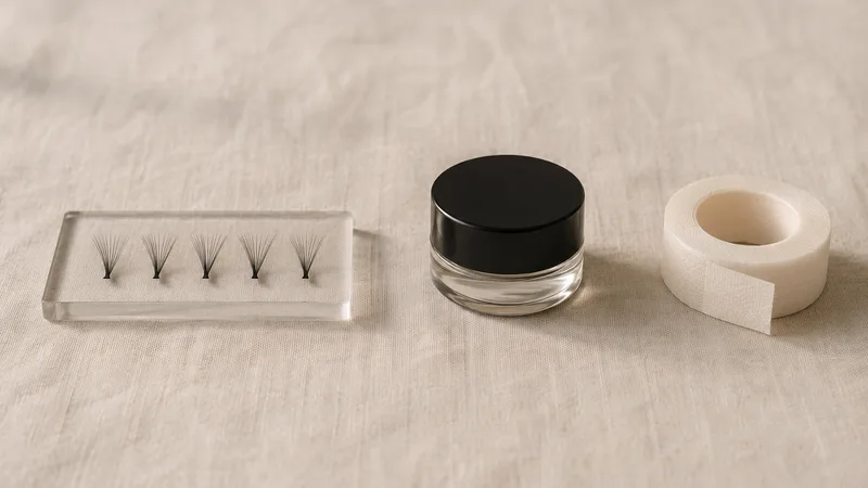 Wimpernkachel mit fünf dunklen Volumen-Fans, ein geschlossenes Glastiegelchen und eine Rolle Fixiertape auf cremefarbenem Leinen.