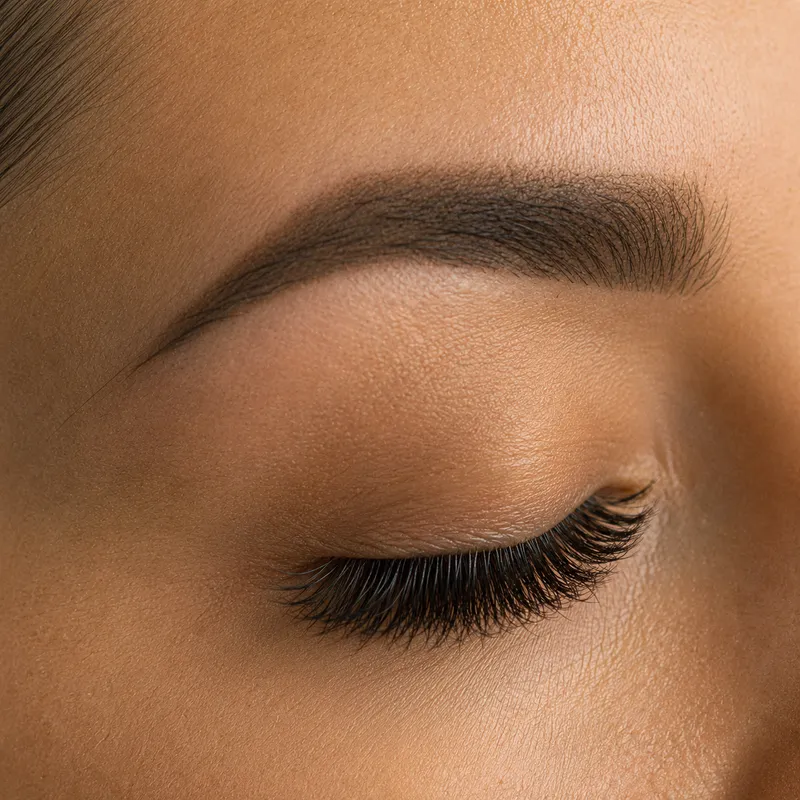 Geschlossenes Auge mit dichter Volumen-Wimpernverlängerung und sauberer Wimpernlinie.